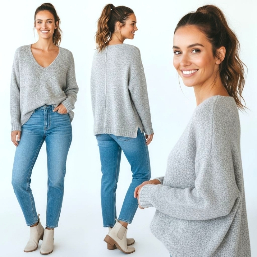 H&M Women's New oversized gray longsleeve v-neck super soft sweater NWOT